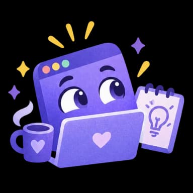 A friendly purple window working at a laptop beside a coffee mug and a lightbulb notebook