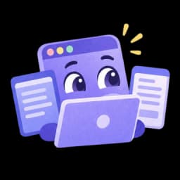 A friendly purple window peeking out between two documents above a laptop