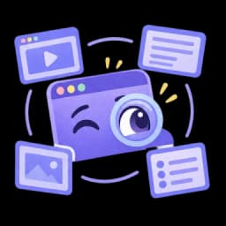A friendly purple window with a magnifying glass, surrounded by video, image and document windows