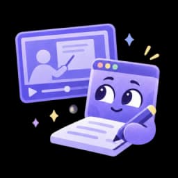A friendly purple window taking notes with a pen next to a lecture video